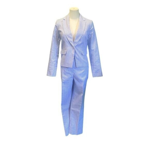 Talbots Blue Striped Seersucker Linen Blend 2 Piece Suit Blazer 4P Pants 6P - Picture 2 of 6